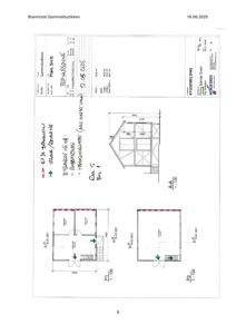 Etasjeplan (P1 og P2) og snitt (AA) for en bygning kalt 'Gammelbutikken', med håndskrevne notater om endringer.