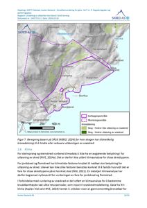 Kart over et kartleggingsområde i Auster Nesland med topografi, skogdekning og snøskredfare, inkludert en tekstuell rapport om klimadata og snøskredvurdering.