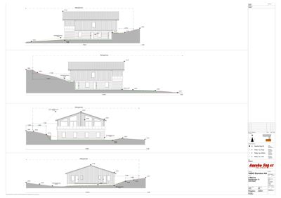 Bildet viser fire ulike fasadeperspektiver (fra front, side, bak og en annen side) av en planlagt bygning, med angitte høyder og terrengforhold.