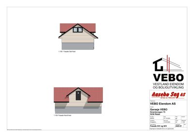 Fasadetegning som viser oppriss av bygningens front sett fra to ulike vinkler (Sør/Vest og Nord/Vest).