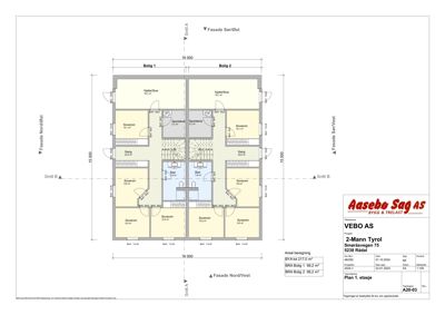 Etasjeplan (Plan 1. etasje) som viser romfordeling, størrelser og orientering for to boliger.