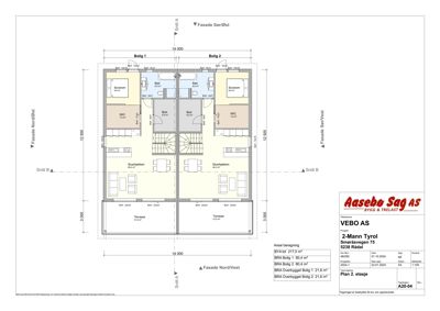 Etasjeplan for 2. etasje i et boligprosjekt (VEBO AS) som viser romfordeling, areal og fasader.