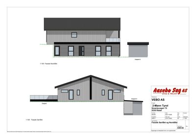 Fasadetegning som viser bygningens utseende fra nord/øst og sør/øst, inkludert vinduer, dører, takform og materialer.