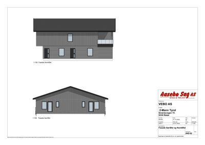 Fasadetegning som viser bygningens utseende sett fra NordØst og SørØst.