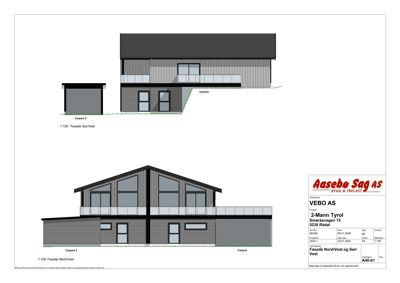 Fasadetegning som viser bygningens utseende fra nord, vest og sør.