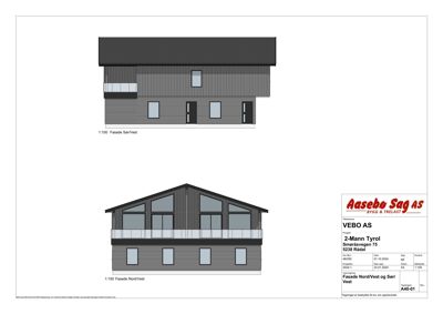Fasadetegning som viser bygningens utseende sett fra Nord/Vest og Sør/Vest.