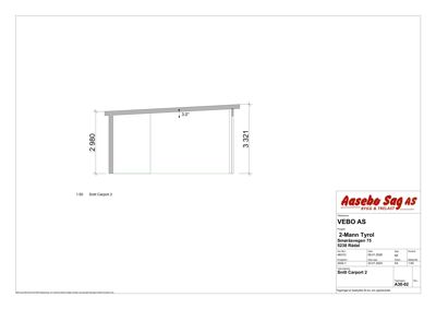 Snittegning av Carport 2 som viser høydeforskjell og skråning.