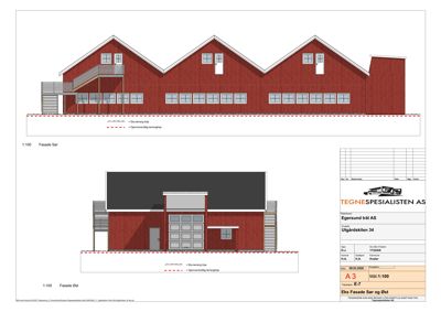 Fasadetegning som viser bygningens utseende fra to vinkler (Sør og Øst) med detaljer om vinduer, dører og takform.