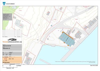 Situasjonsplan som viser tomtens beliggenhet, grenser, naboeiendommer og bygningsplassering i Hvaler kommune.