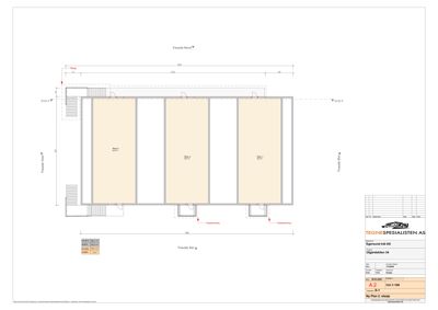 Etasjeplan (1. etasje) som viser romfordeling, fasader og dimensjoner for en bygning.