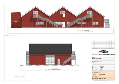Fasadetegning som viser bygningens utseende fra nord og vest, inkludert vinduer, dører, trapper og fasadefarge.