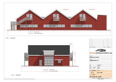 Fasadetegning som viser bygningens utseende fra sør og øst, inkludert vinduer, balkonger, trapper og materialvalg.