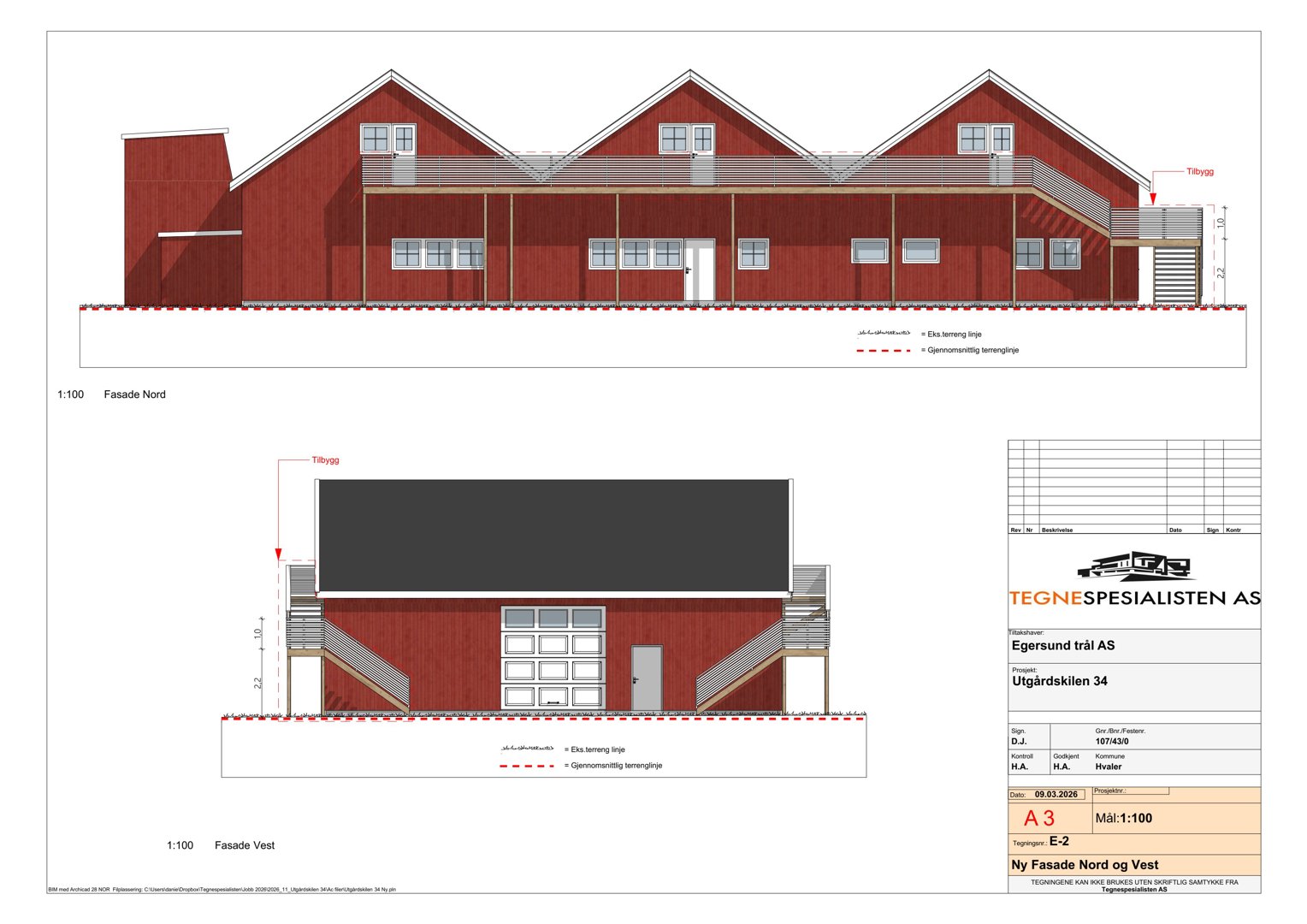 Fasadeopprikk (Nord og Vest) for en ny bygning med mål 1:100