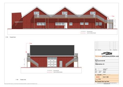 Fasadeopprikk (Nord og Vest) for en ny bygning med mål 1:100