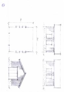 En håndtegnet fasade- og snittegning som viser en liten hytte eller uthus. Tegningen inneholder et planutsnitt (øverst til venstre) og tre perspektiviske utsnitt (to frontaler og en side) med mål (800x800) og skisse over takform og vindusoppsett.