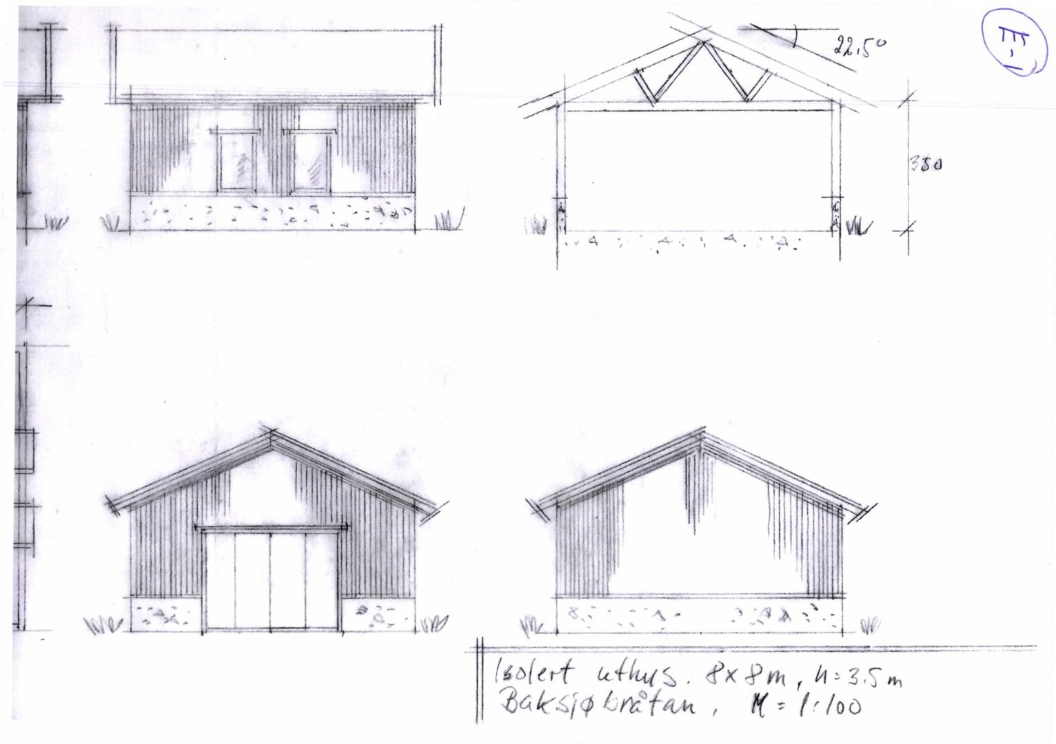 Fasadetegning som viser utsiden av en isolert uthus (8x8m) med skisse over takkonstruksjon og mål.