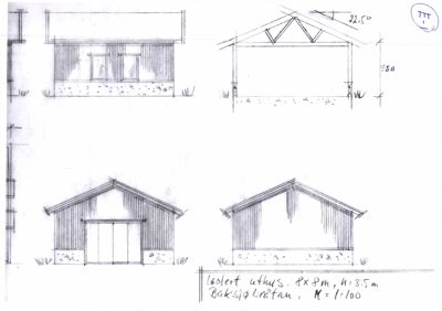 Fasadetegning som viser utsiden av en isolert uthus (8x8m) med skisse over takkonstruksjon og mål.