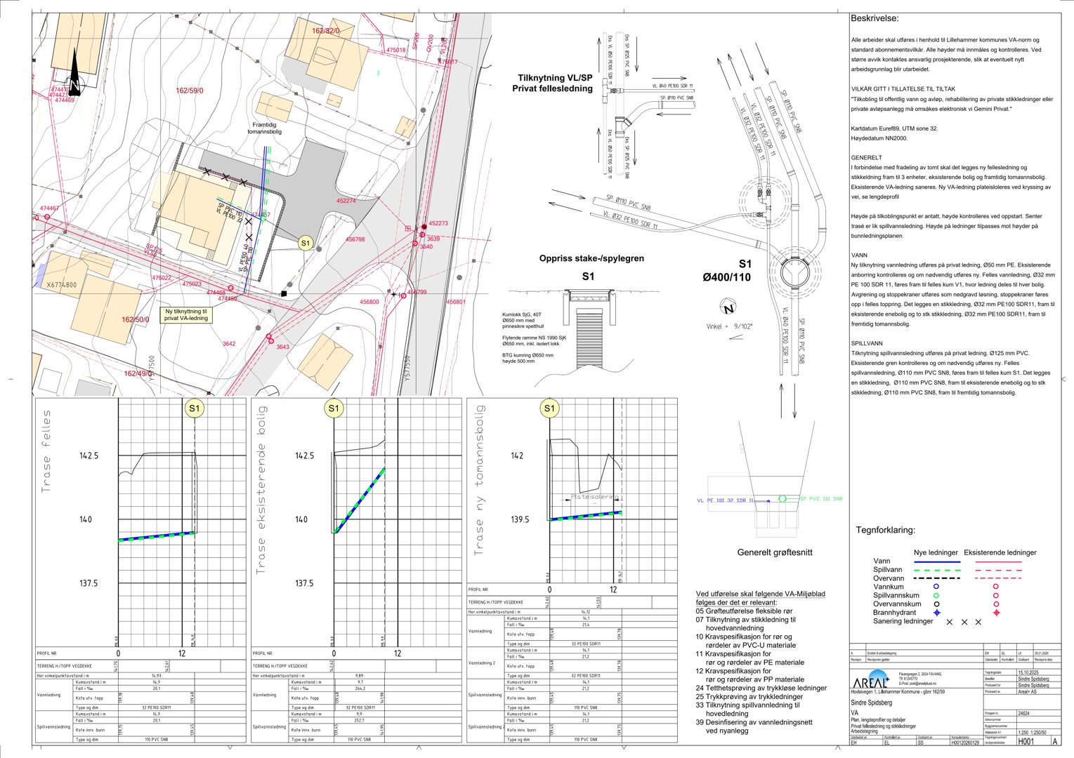 Situasjonsplan som viser tomtens grenser, eksisterende og planlagt infrastruktur (fellesledninger), samt detaljer for nyoppføring av tomteggrenser.