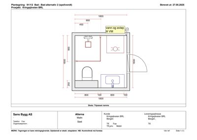 Plantegning av et bad (romplan) med angitte mål for innredning, rørleggerarbeid og døråpning.