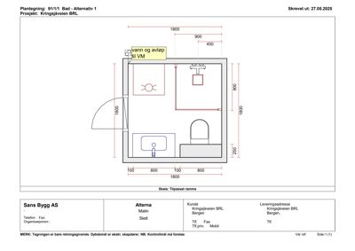 Plantegning av et bad (rom 91/1/1) med angitte mål for innredning, vann og avløp.