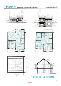 Bildet viser en samling tegninger for en boligtype (TYPE C). Det inkluderer etasjeplaner (floor plans) med romfordeling, en fasadetegning (facade), og et snitt (section) med mål. Siden det dominerende innholdet er romplaner, er 'floor_plan' den mest relevante klassifiseringen.