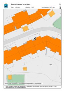 Kartutsnitt fra Norkart AS kartklient som viser eiendomsinndeling, bygninger og vegnett.