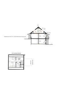 Bildet viser to tegninger: øverst et snitt av en hytte, og nederst et etasjeplan (kallede etasje) med romfordeling og mål.