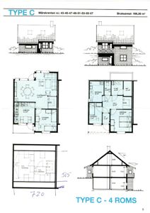 Bildet viser en samling tegninger for en boligtype (TYPE C). Det inkluderer fasadeoppriks, etasjeplaner med romfordeling og innvendige mål, samt et snitt. Dette er typisk for en presentasjon av et husdesign.