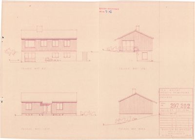 Fasadetegning som viser bygningens utsyn fra fire ulike sider (for, bak, vest og øst).