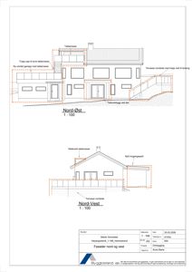 Fasadetegning som viser bygningens utseende fra nord-øst og nord-vest, inkludert nye utvidelser og terrasser.