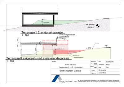 Tegning som viser tverrsnitt gjennom en garasje og terrengforhold (terrengsnitt).