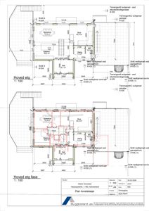 Plantegning av hovedetasje med romfordeling, mål og snittreferanser.
