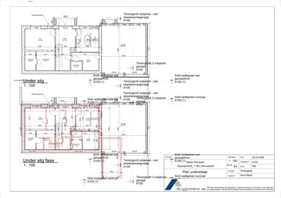 Plantegning av underetasjen med romfordeling, dimensjoner og snittlinjer.