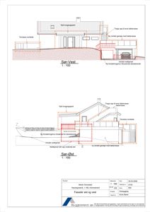 Fasadetegning som viser bygningens utseende fra sør-vest og sør-øst, inkludert endringer som nytt inngangsparti, utvidet garasje og terrasser.