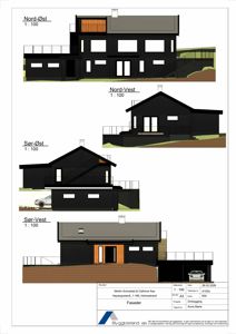 Fasadetegning som viser bygningens utseende fra fire ulike vinkler (Nord-Øst, Nord-Vest, Sør-Øst og Sør-Vest).
