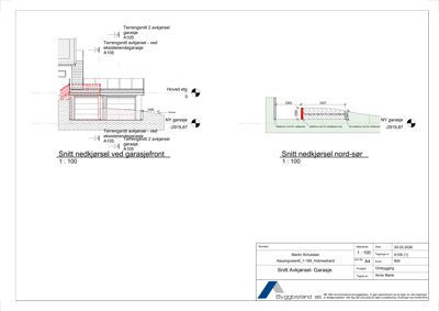 Snittegning som viser tverrsnitt gjennom en garasje og terrengforhold.