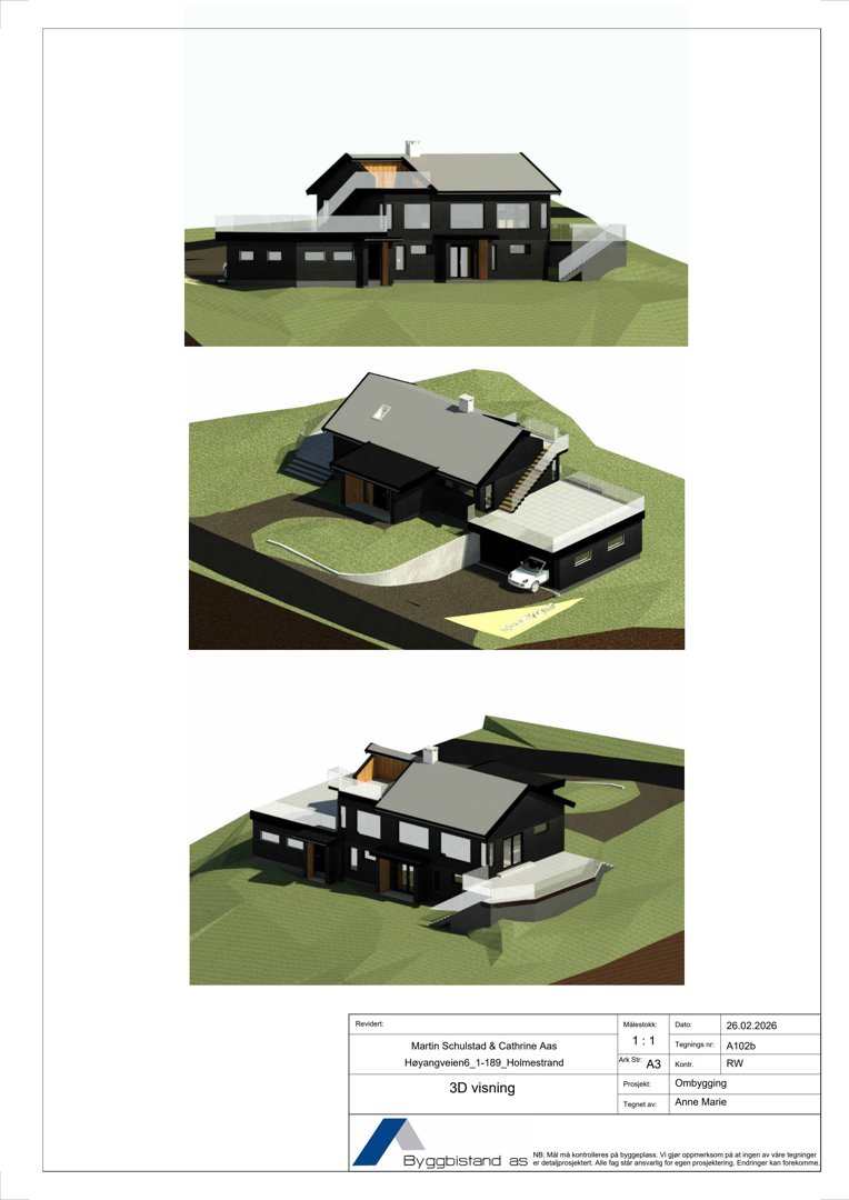 Tre 3D-visualiseringer av en husfasade sett fra ulike vinkler.