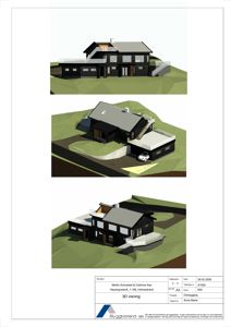 Tre 3D-visualiseringer av en husfasade sett fra ulike vinkler.