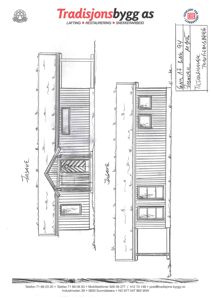 Fasadetegning som viser bygningens utseende fra front og side, inkludert vinduer, dører og takform.