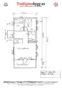 Etasjeplan (1. etasje) som viser romfordeling, dører, vinduer og mål for en bolig.