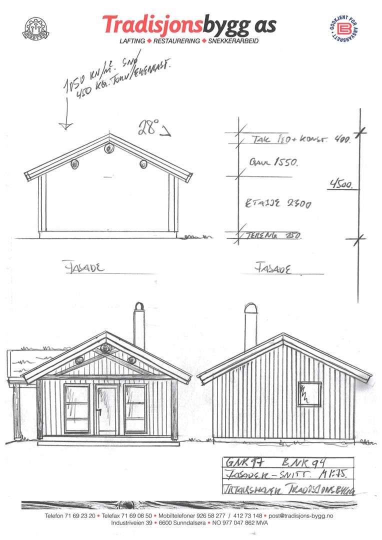 Håndtegnet fasadetegning som viser front- og sideopprikk av en hytte med mål og konstruksjonsdetaljer.