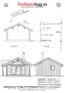 Håndtegnet fasadetegning som viser front- og sideopprikk av en hytte med mål og konstruksjonsdetaljer.