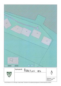 Kartutsnitt som viser tomtedeling, vegforløp og arealbruk (N45, N47, N49, N50) i et område.