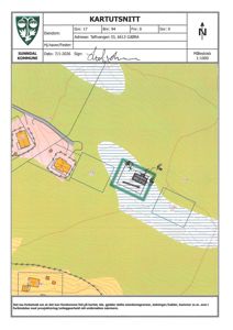 Kartutsnitt som viser eiendomsgrenser, topografi og bygningsplasseringer i forhold til hverandre.