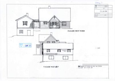 Tegning som viser fasadeopprikk for en bygning sett fra nord og øst.