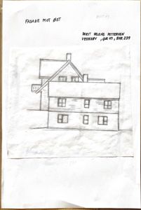 Håndtegnet fasadetegning av en bygning sett fra øst.