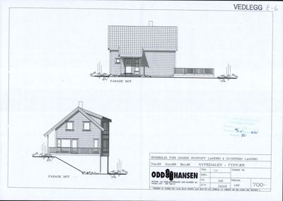 Fasadetegning som viser bygningens utseende fra to ulike vinkler (mot og mot bakken).