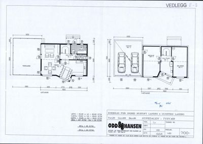 Bildet viser etasjeplaner (1. etasje) for en enebolig, inkludert romfordeling, dimensjoner og plassering av kjøretøy i garasje.