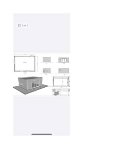 Bildet viser en tegning som viser fasadevalg for en liten bygning. Det er en kombinasjon av et tomt oppriss (topp), et snitt (bunn) og fire alternativer for fasadebehandling (midten).