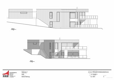 Tegning som viser fasadeoppsettet for bygningen sett fra nord og vest.